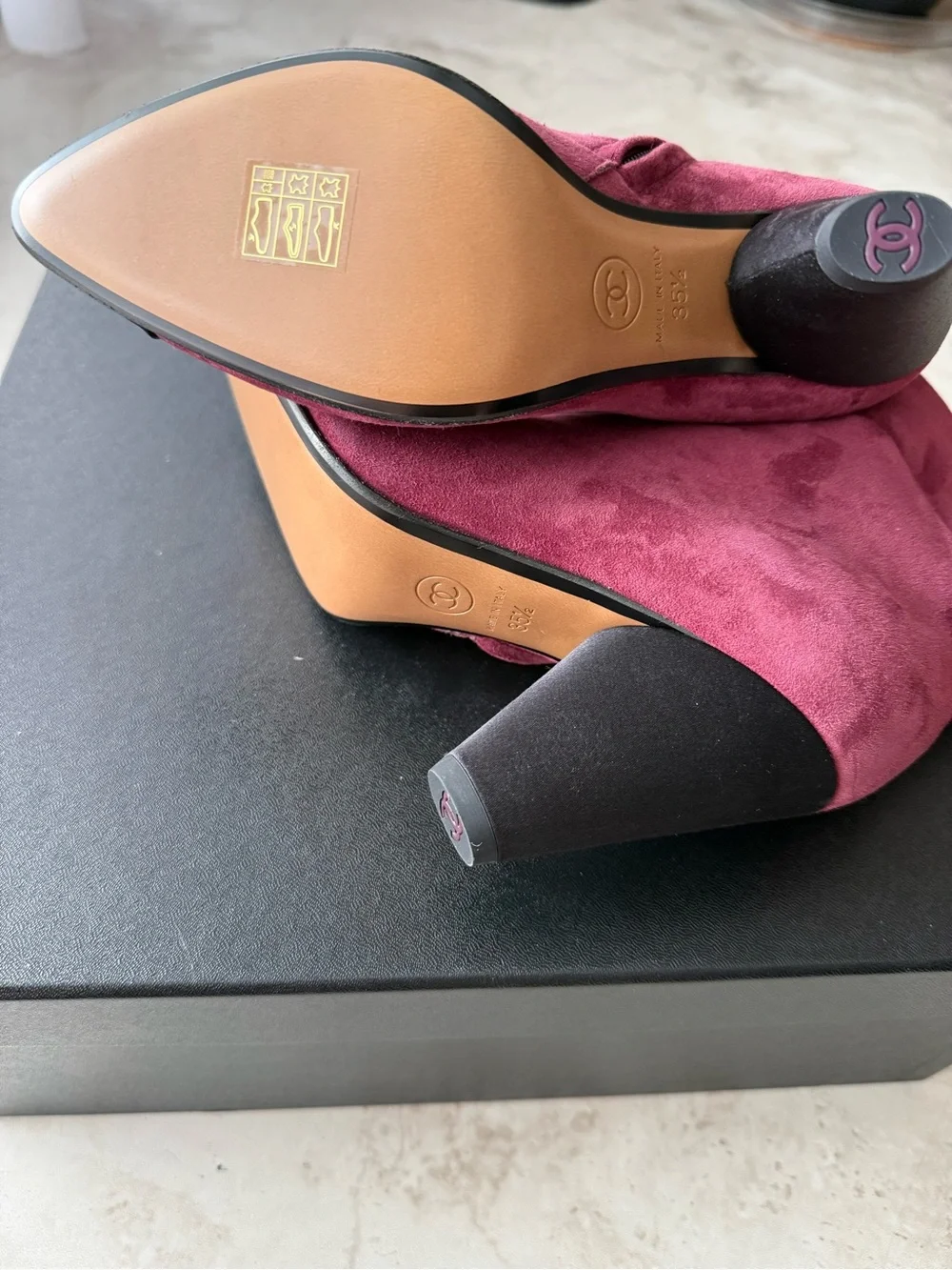 CHANEL Plum Suede Ankle Boots with Black Cap Toe